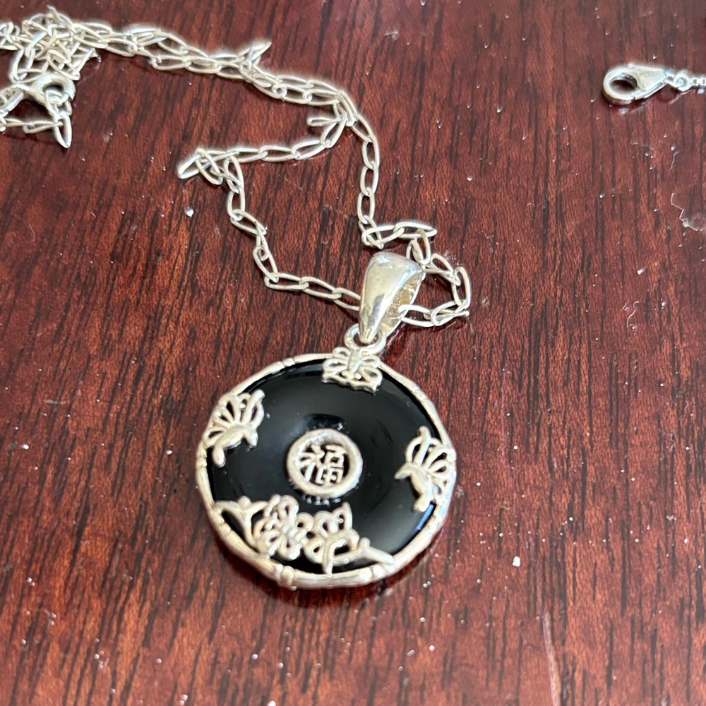 Vintage Chinese Black onyx and sterling silver Good Luck disc pendant and chain